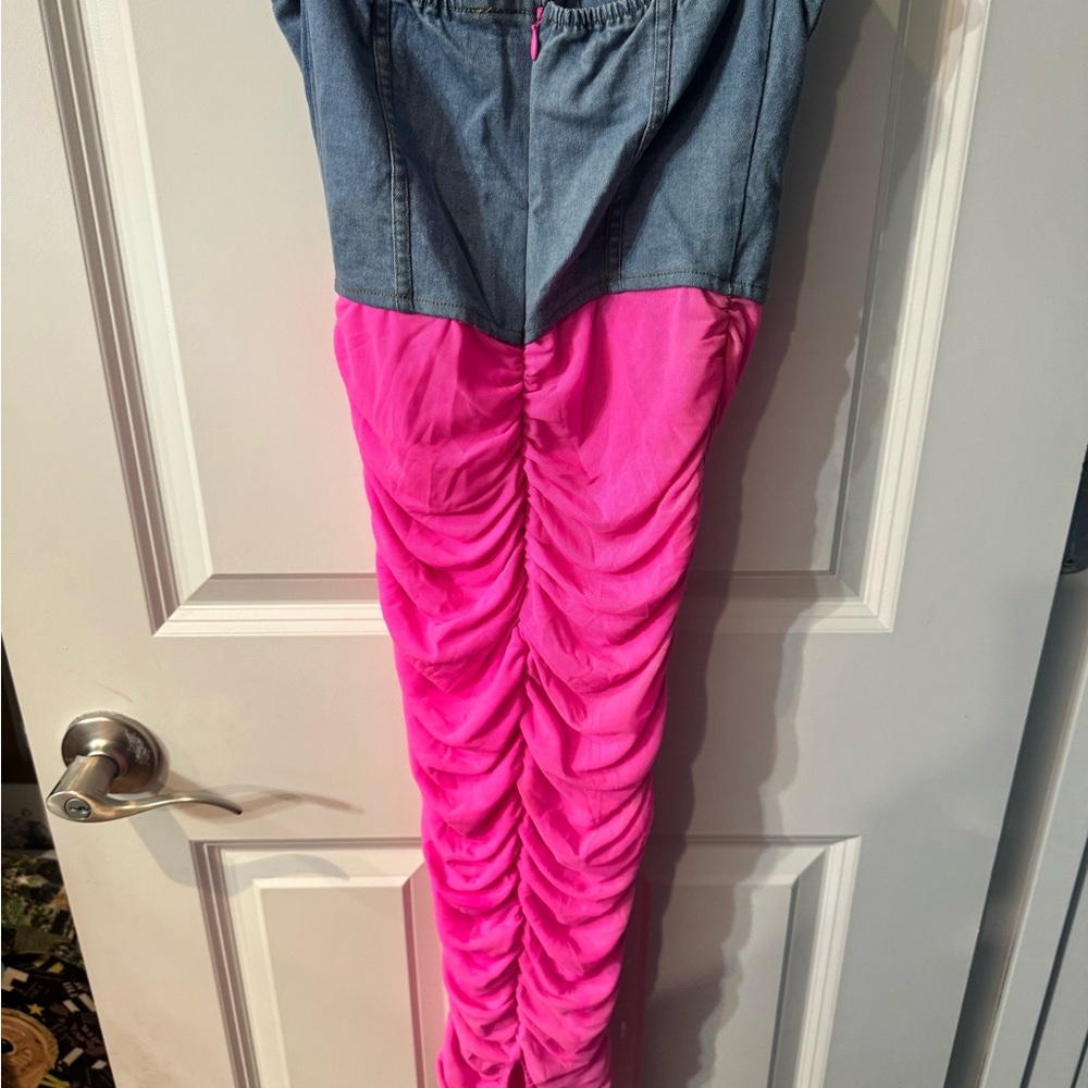 Girls' Hot Pink Ruched Leggings with Denim-Look Waistband